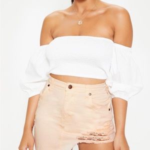 White Cropped Shirred Puff Sleeve Top